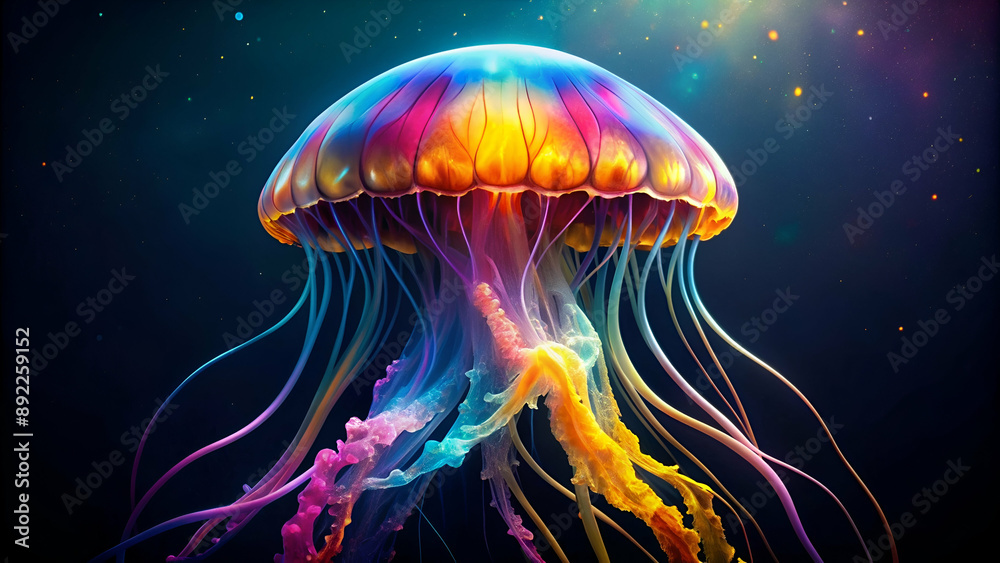 Colorful a jellyfish in the dark sea Colorful a jellyfish in the dark sea