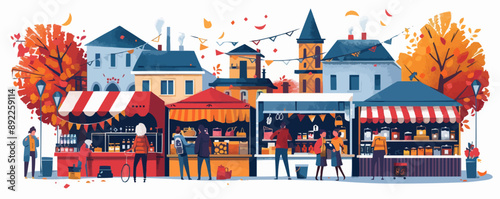 Quirky street market with vendors selling eclectic goods. Vector flat minimalistic isolated illustration.