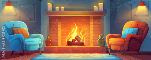 Cozy fireplace with crackling flames and armchairs Vector flat minimalistic isolated