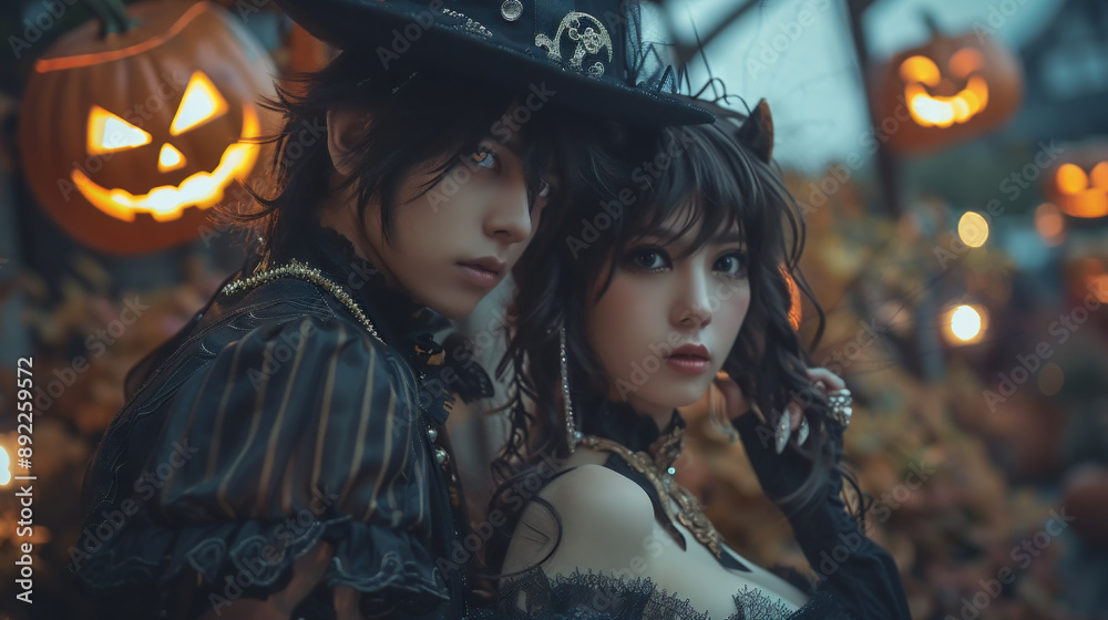 ハロウィーンパーティーで仮装をした日本人カップル ハロウィーンパーティーで仮装をした日本人カップル