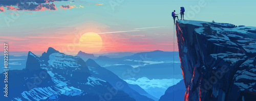 Rock climbers scaling a cliff in the mountains. Vector flat minimalistic isolated