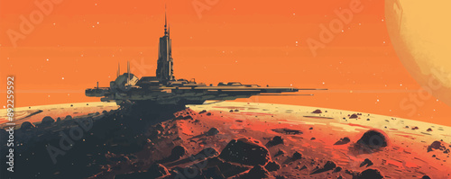 Sci-fi space station orbiting a distant planet. Vector flat minimalistic isolated