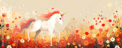 Magical unicorn prancing in a field of flowers. Vector flat minimalistic isolated
