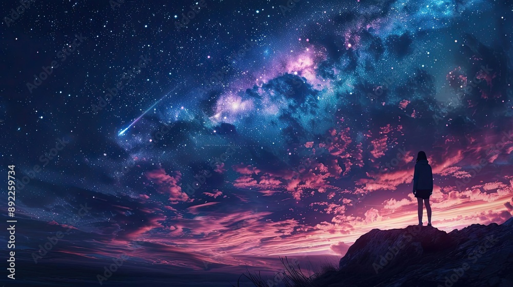 A person watching a meteor shower from a hilltop, illustrating celestial wonder A person watching a meteor shower from a hilltop, illustrating celestial wonder