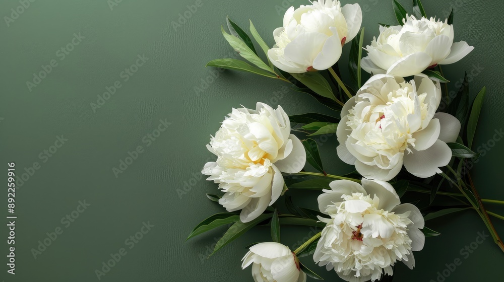 Fototapeta premium White peony bouquet seen from above with green backdrop and space for text