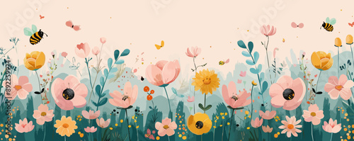 A whimsical enchanted garden with blooming flowers and buzzing bees. Vector flat minimalistic isolated