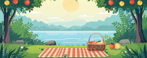 a checkered blanket and wicker basket. Vector flat minimalistic isolated illustration.