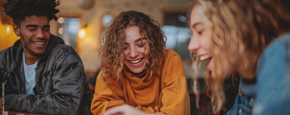 Friends laughing and playing board games on a rainy day, representing indoor fun and connection Friends laughing and playing board games on a rainy day, representing indoor fun and connection