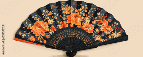 Oriental fan adorned with intricate patterns and motifs. Vector flat minimalistic isolated illustration.