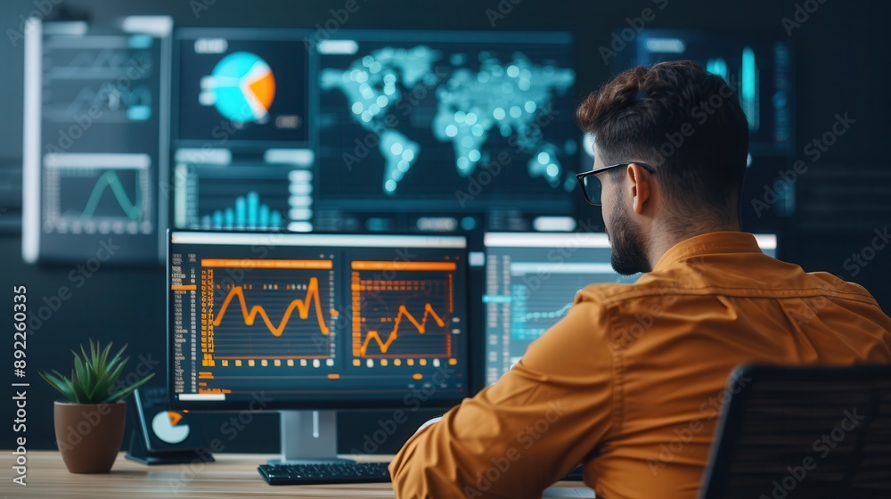 Financial Expert Reviewing Stock Market Data and Analytics on Computer Screens Financial Expert Reviewing Stock Market Data and Analytics on Computer Screens