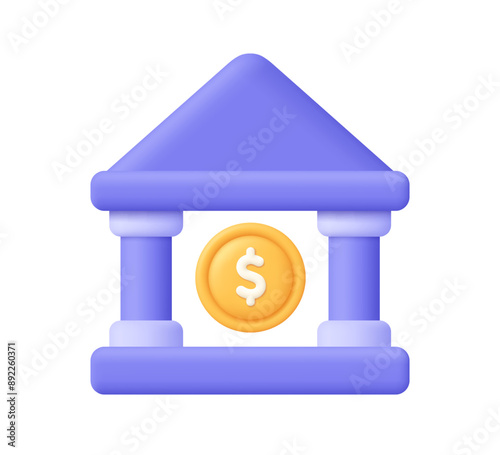 Bank building with coin. Online banking, finance, bank transactions, bank service. 3d vector icon. Cartoon minimal style.