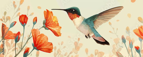 Hummingbird hovering near a blooming flower. Vector flat minimalistic isolated