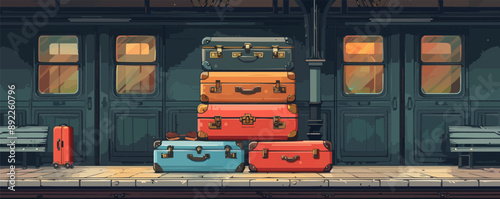 A stack of vintage suitcases beside an old-fashioned train station platform. Vector flat minimalistic isolated