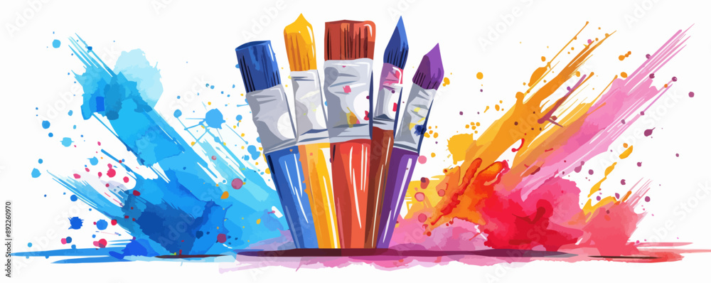 Colorful paint tubes and brushes on a clean white surface. Vector flat isolated