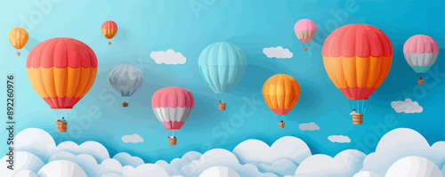 A whimsical hot air balloon festival with colorful balloons floating in the sky. Vector flat minimalistic isolated
