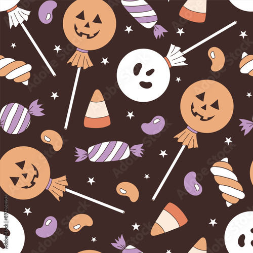 Spooky candy vector seamless pattern. Halloween trick or treat background.