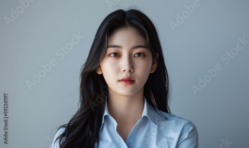 The image shows a formal ID photo of a Korean woman in her mid-20s with long, dark hair, fair skin, a calm expression, and a light blue collared shirt against a plain background.