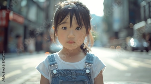 Full-length portrait photo of a Chinese 8-year-old girl with dark brown big eyes and white skin, dressed in overalls, standing on a sunny London street, captured with extreme detail and hyper-realisti photo