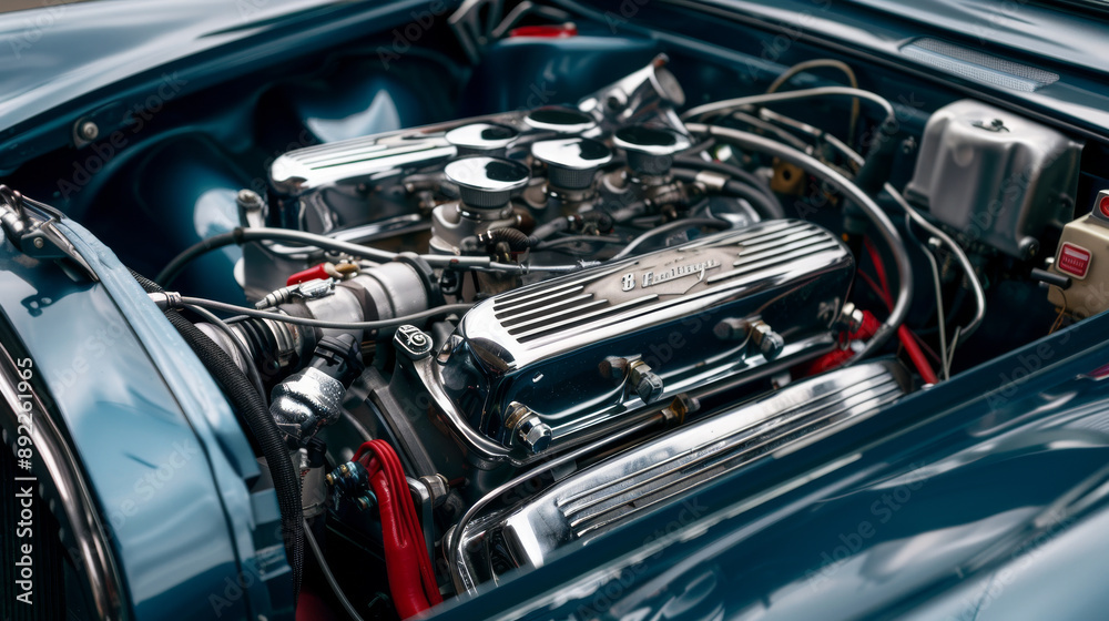 A car engine is shown in detail, with the hood open and the engine visible A car engine is shown in detail, with the hood open and the engine visible