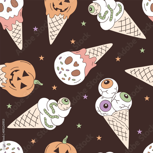 Spooky ice cream vector seamless pattern. Halloween treats background.