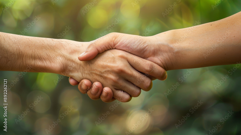 Two hands shaking in a green forest