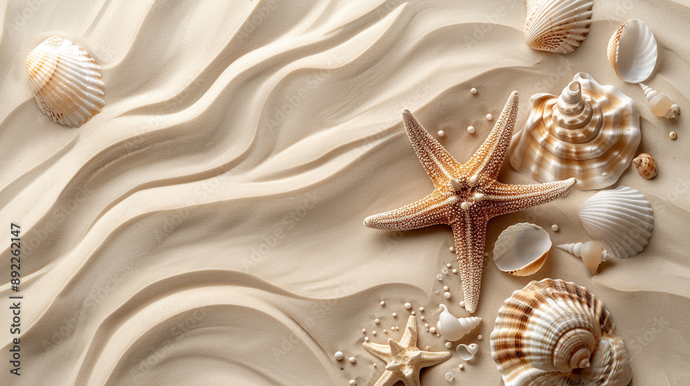 Starfish and seashells arranged on a sandy beach, evoking a peaceful and relaxing seaside atmosphere. Starfish and seashells arranged on a sandy beach, evoking a peaceful and relaxing seaside atmosphere.