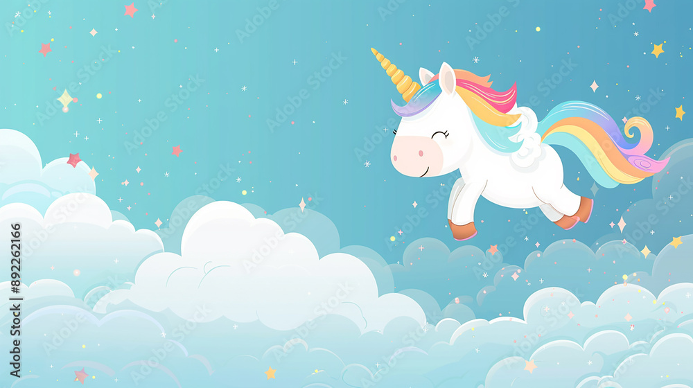A cute cartoon unicorn with a rainbow mane flying among clouds and stars in a blue sky, representing fantasy and magic. A cute cartoon unicorn with a rainbow mane flying among clouds and stars in a blue sky, representing fantasy and magic.