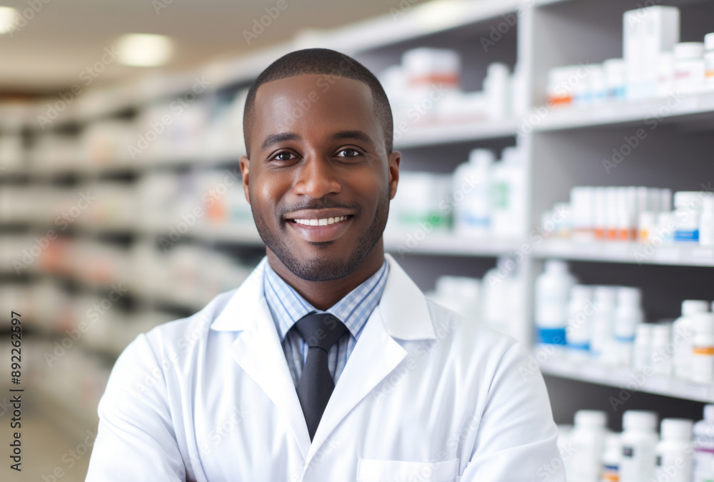 A male pharmacist in a white gown with arms crossed stands in a pharmacy aisle, his bold colorism, installation-based style, and happycore apparent in light gray and dark brown. A male pharmacist in a white gown with arms crossed stands in a pharmacy aisle, his bold colorism, installation-based style, and happycore apparent in light gray and dark brown.