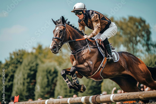 Caucasian male equestrian rider on a brown horse jumping a hurdle in an outdoor competition. Concept of horse riding, equestrian sports, athletic men, competitive events © Jafree