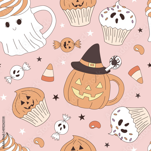 Spooky mug cupcake candy vector seamless pattern. Halloween trick or treat background.