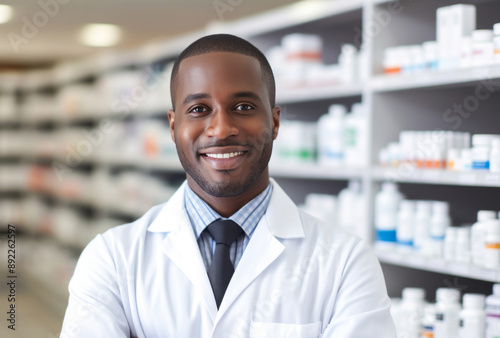 A male pharmacist in a white gown with arms crossed stands in a pharmacy aisle, his bold colorism, installation-based style, and happycore apparent in light gray and dark brown. © Duka Mer