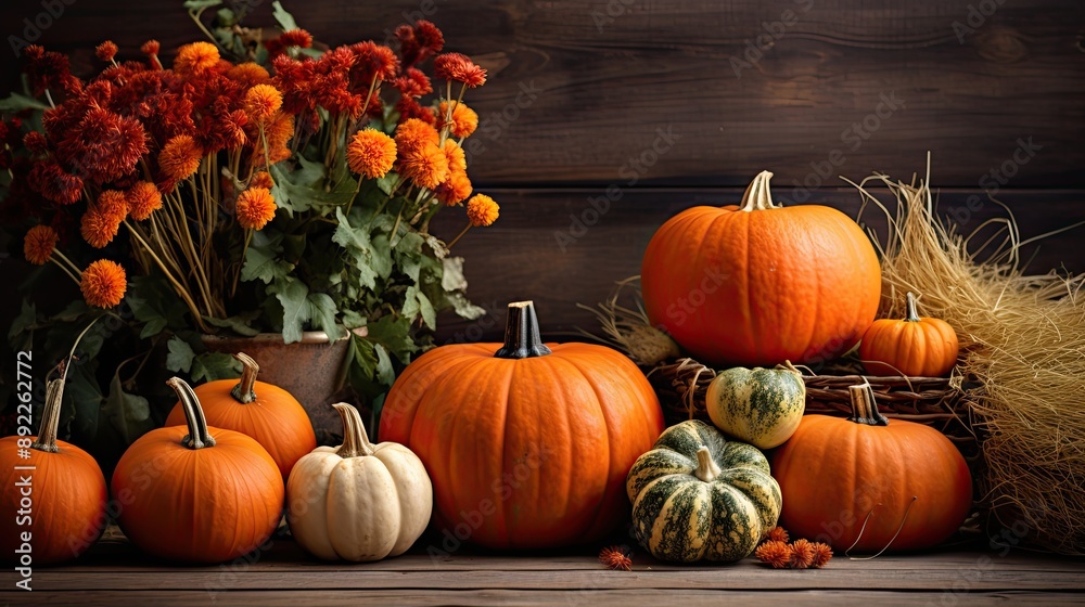 Vibrant Autumn Harvest with Colorful Pumpkins and Fall Flowers - Perfect for Seasonal Decor and Thanksgiving Celebrations Vibrant Autumn Harvest with Colorful Pumpkins and Fall Flowers - Perfect for Seasonal Decor and Thanksgiving Celebrations