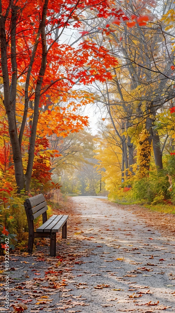 Scenic autumn park path with colorful foliage and wooden bench Concept of fall season nature outdoor relaxation peaceful walk. Vertical Scenic autumn park path with colorful foliage and wooden bench Concept of fall season nature outdoor relaxation peaceful walk. Vertical