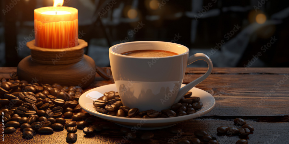 A cup of coffee with a cup, candle, and coffee beans is rendered photorealistically, reflecting caffenol developing. A cup of coffee with a cup, candle, and coffee beans is rendered photorealistically, reflecting caffenol developing.