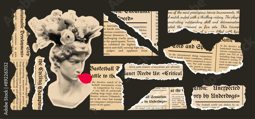 Crumpled torn paper. Jagged edges. Collage. Frame and textbox. Concept  scraps background, newspaper fragments and tape. Trendy elements. Halftone. Set, collection. Old sheets. Breaking news