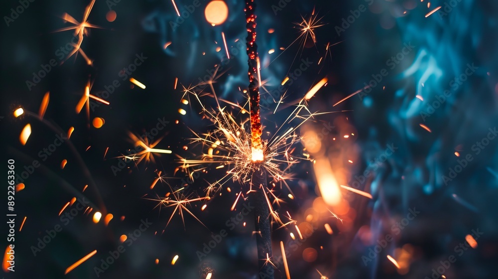 Fototapeta premium Sparkler with vibrant sparks and bokeh lights in the background. Concept of celebration, festive mood, celebration, joy