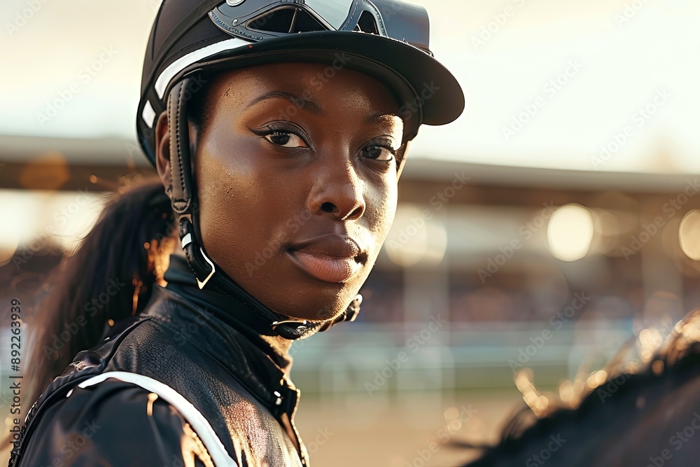 African American female jockey wearing a helmet on a racehorse. Concept of equestrian sport, competitive horse riding, women in sports, determination. Copy space African American female jockey wearing a helmet on a racehorse. Concept of equestrian sport, competitive horse riding, women in sports, determination. Copy space