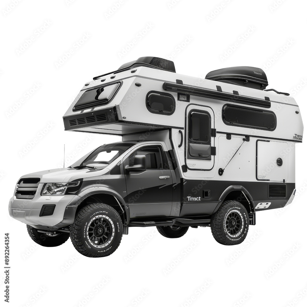 Naklejka premium Isolated RV Camper Vehicle with Dual Cab and Elevated Bed Design.