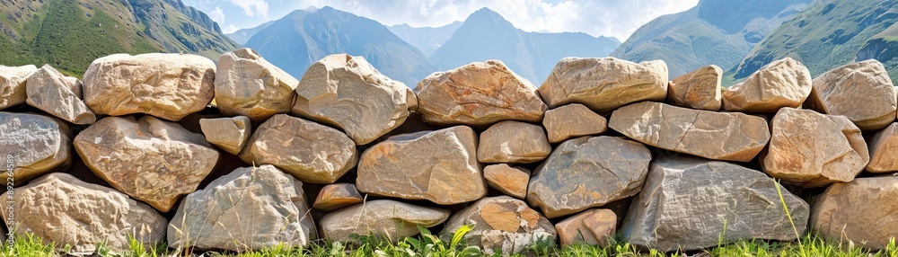 Inca stone wall with precisely cut and fitted stones in a mountain setting, Inca stone masonry techniques, Inca precision Inca stone wall with precisely cut and fitted stones in a mountain setting, Inca stone masonry techniques, Inca precision