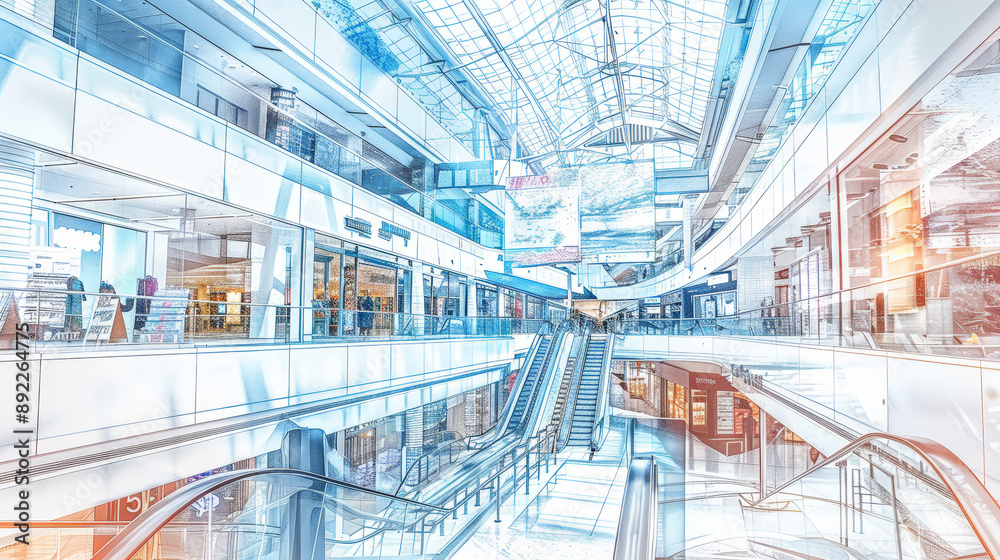 Evolution of Retail: Modern Mall from Color to Sketch. Generative AI
