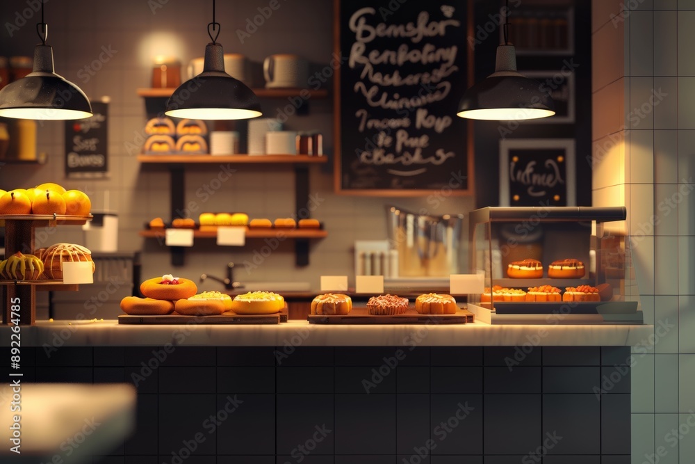 Fototapeta premium The interior of a cozy bakery with a variety of delicious pastries, cakes, and desserts displayed on wooden trays, bakery concept