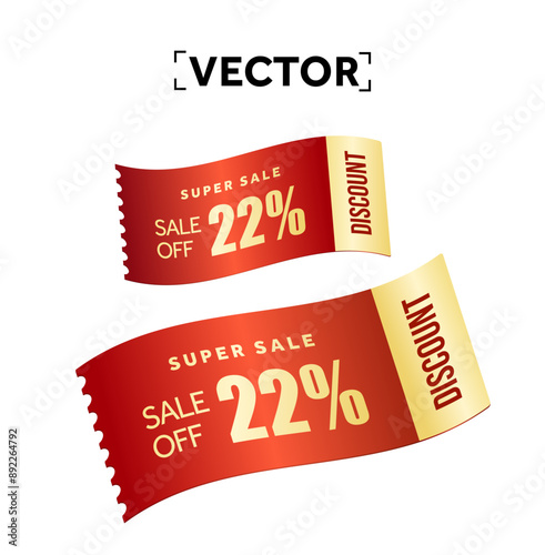 3d couple of wavy red coupons with coupon code, isolated on white background. Super sale off discount voucher, coupon template. 3d vector illustration. Vector illustration