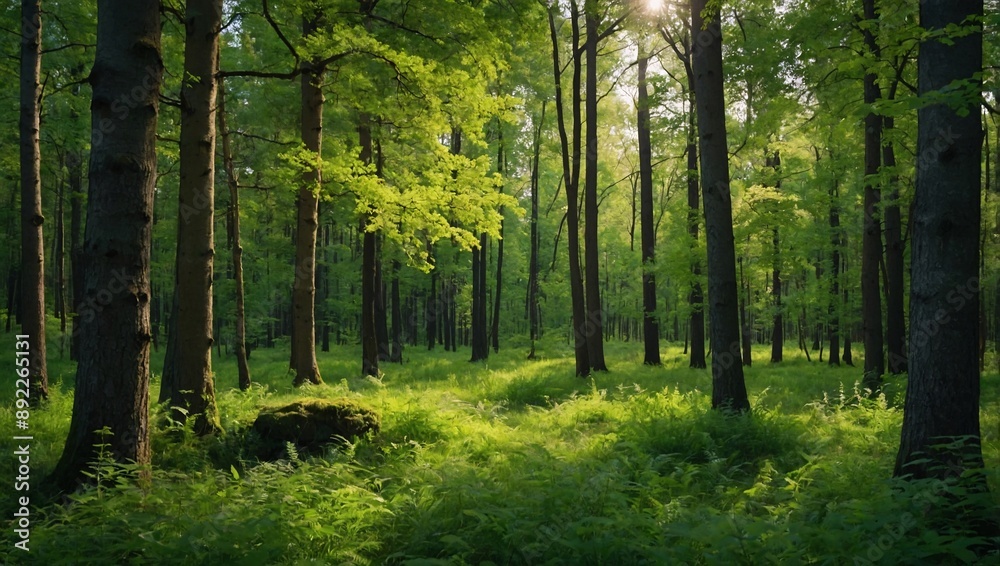 Picturesque summer forest in vibrant green. A serene backdrop for spring Picturesque summer forest in vibrant green. A serene backdrop for spring