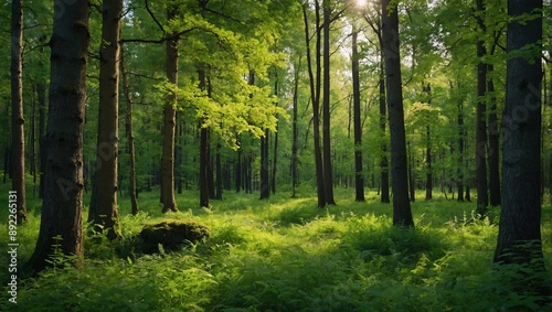 Picturesque summer forest in vibrant green. A serene backdrop for spring