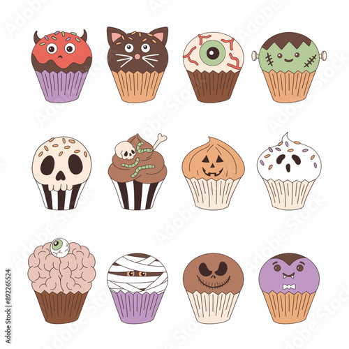 Spooky Halloween cupcake vector clip-art set isolated on white. 