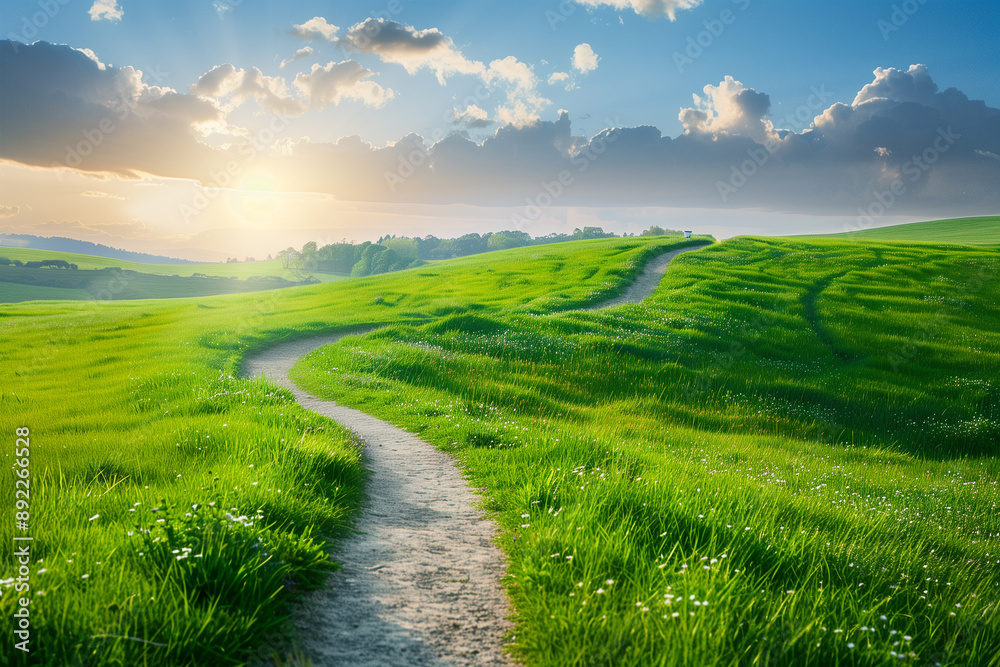 Obraz premium Path on a lush green hill under a sunny sky with clouds