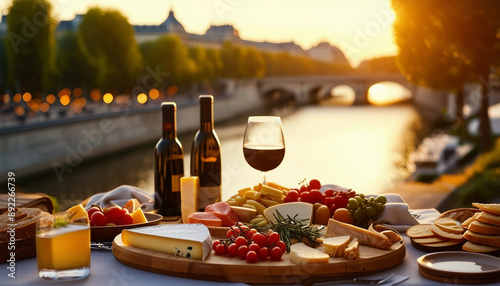 A luxurious picnic is set against the backdrop of the Seine River in Paris, with a cheese plateau
 photo