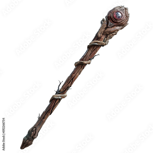 Ancient Wooden Wand with Wrapped Vines and Enchanted Gem for Fantasy Roleplaying 2D Game Art isolated on transparent background