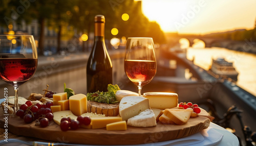 A luxurious picnic is set against the backdrop of the Seine River in Paris, with a cheese plateau
 photo