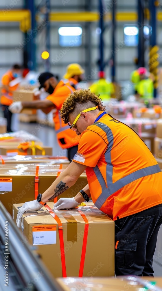 Efficient Logistics Warehouse Operations with Workers Packing and Labeling Goods for Shipment Efficient Logistics Warehouse Operations with Workers Packing and Labeling Goods for Shipment
